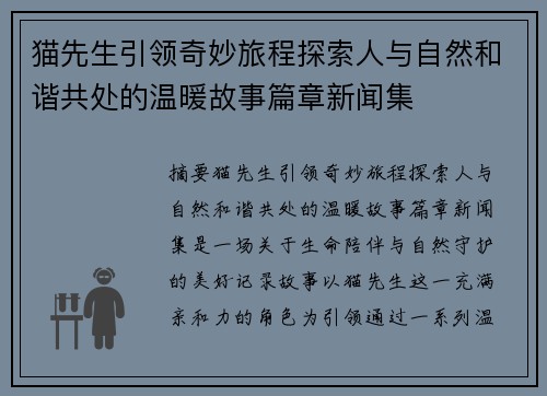 猫先生引领奇妙旅程探索人与自然和谐共处的温暖故事篇章新闻集 猫先生引领奇妙旅程探索人与自然和谐共处的温暖故事篇章新闻集